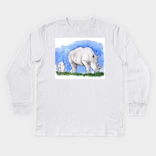 Rhinoceros with baby calf watercolor and ink illustration Kids Long Sleeve T-Shirt